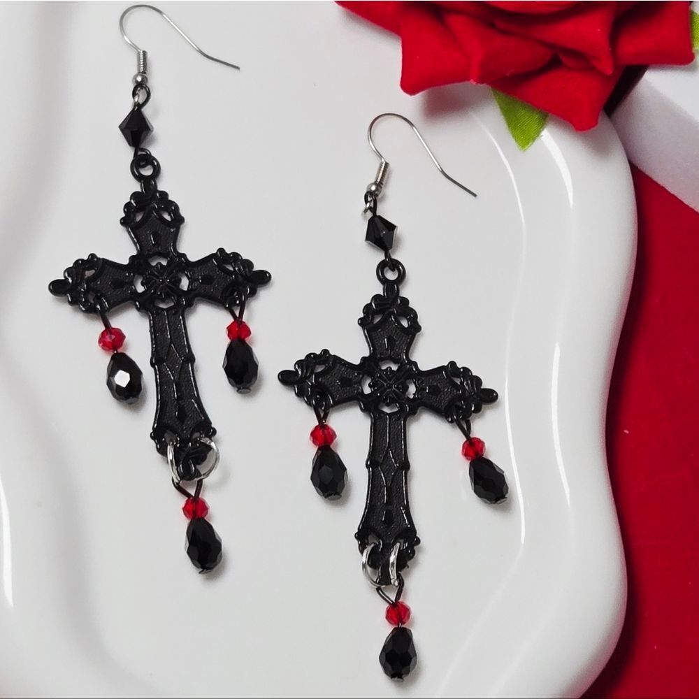 Black Gothic Cross Dangle Earrings Red & Black Gemstone Edgy Statement Jewelry